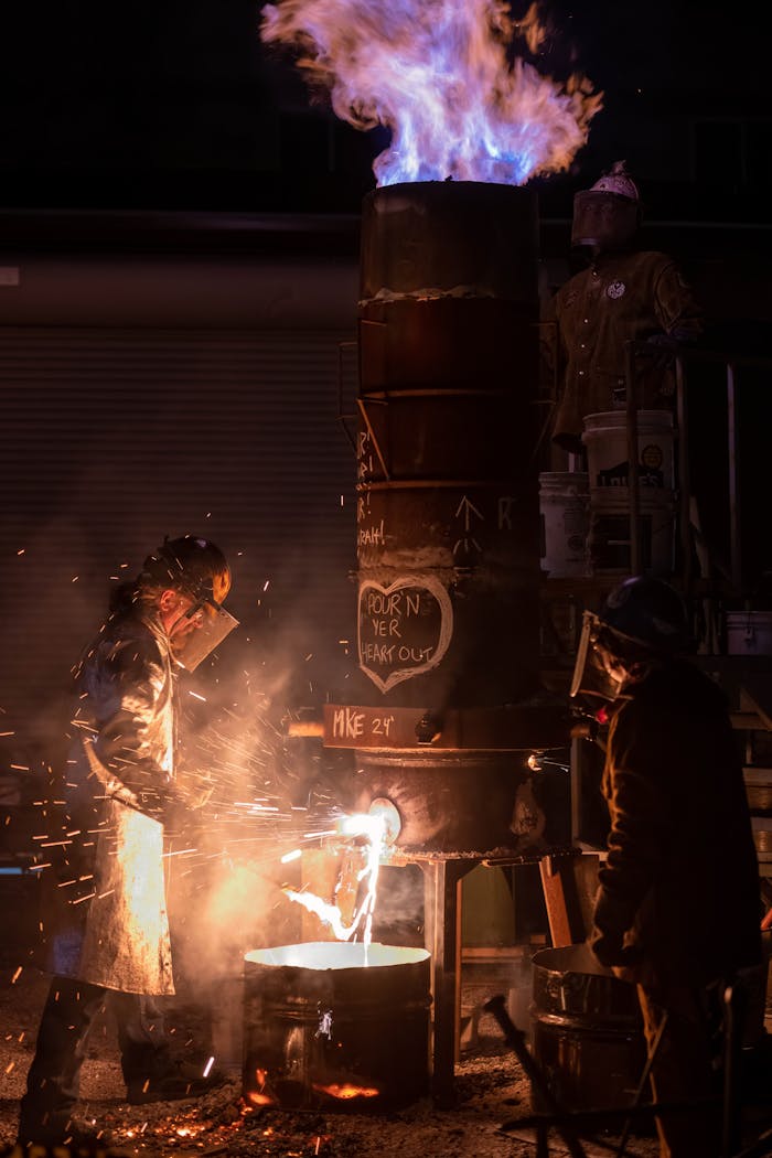 Nosotros Metalworkers pouring molten metal at night in Milwaukee.